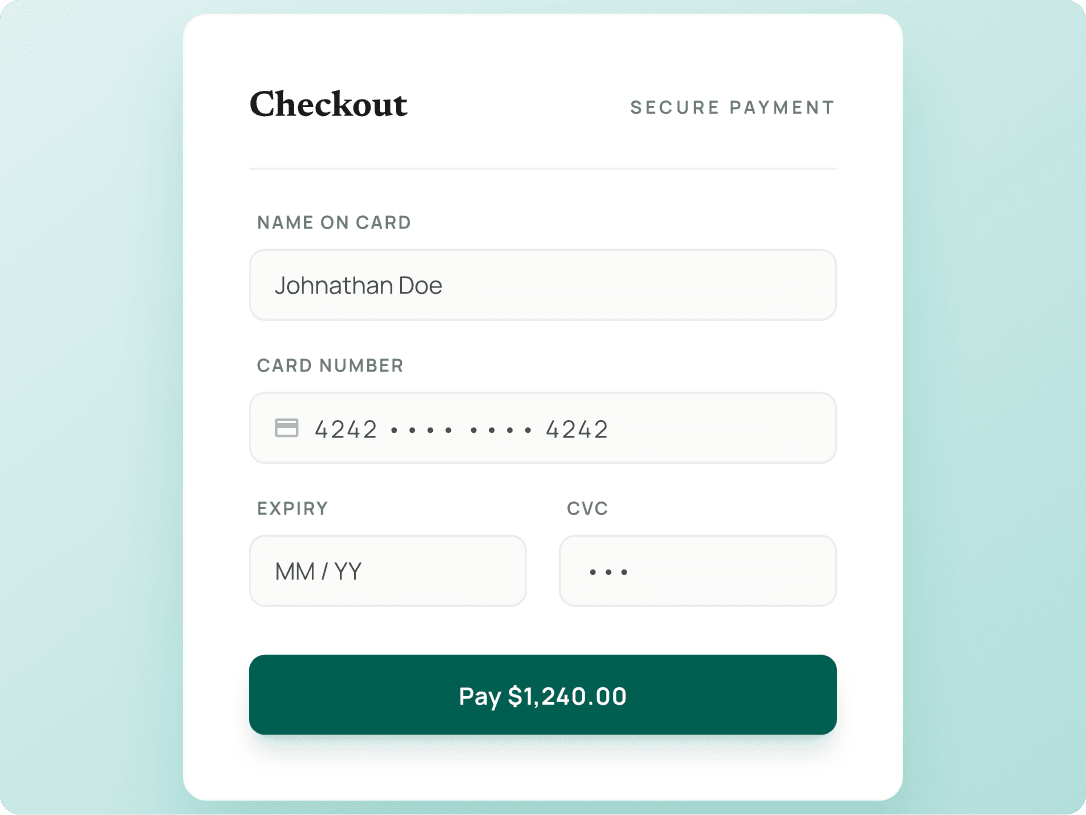 Checkout card showing secure payment form with card details and Pay button