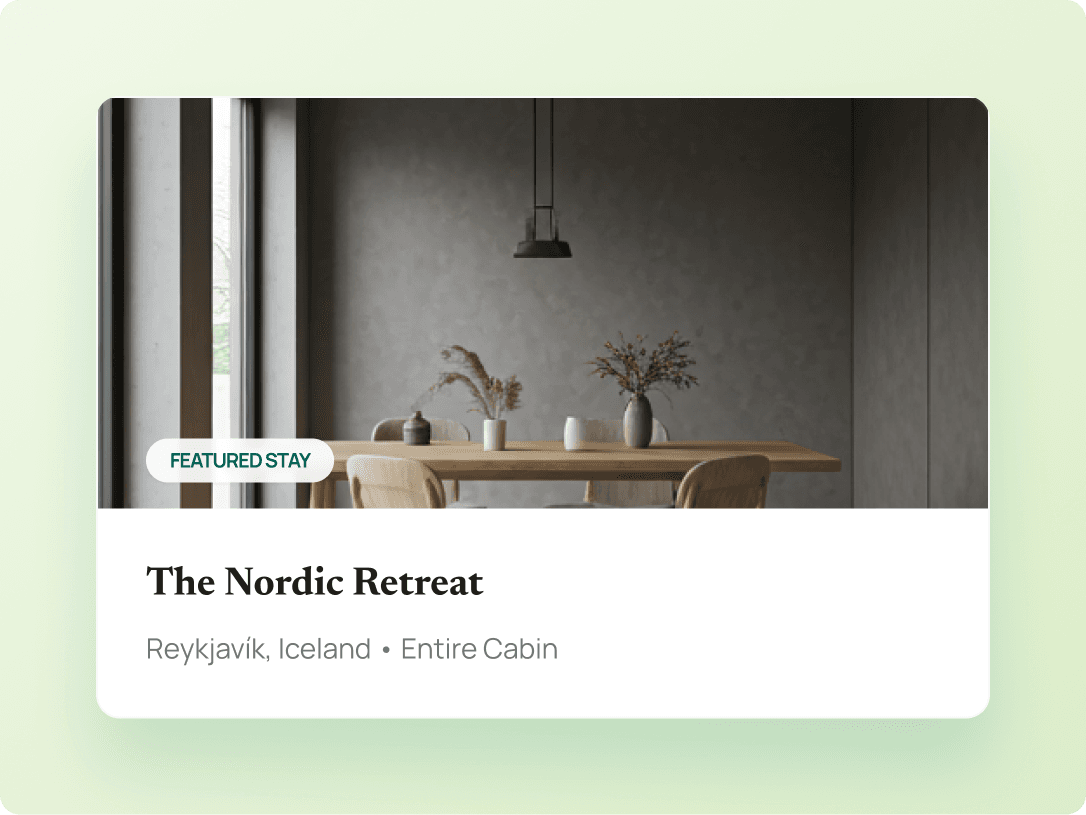Property listing card showing The Nordic Retreat with featured stay badge